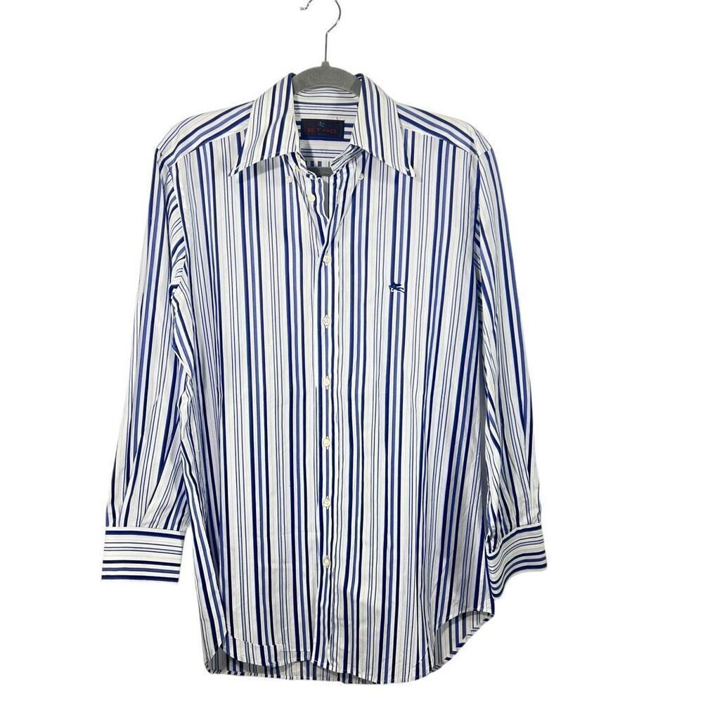 ETRO Men’s Button Down Shirt Stripe Collar in White & Blue Long Sleeve Size 39IT